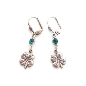 Vintage Green Rhinestone Silver Shamrock Clover Dangle Drop Earrings